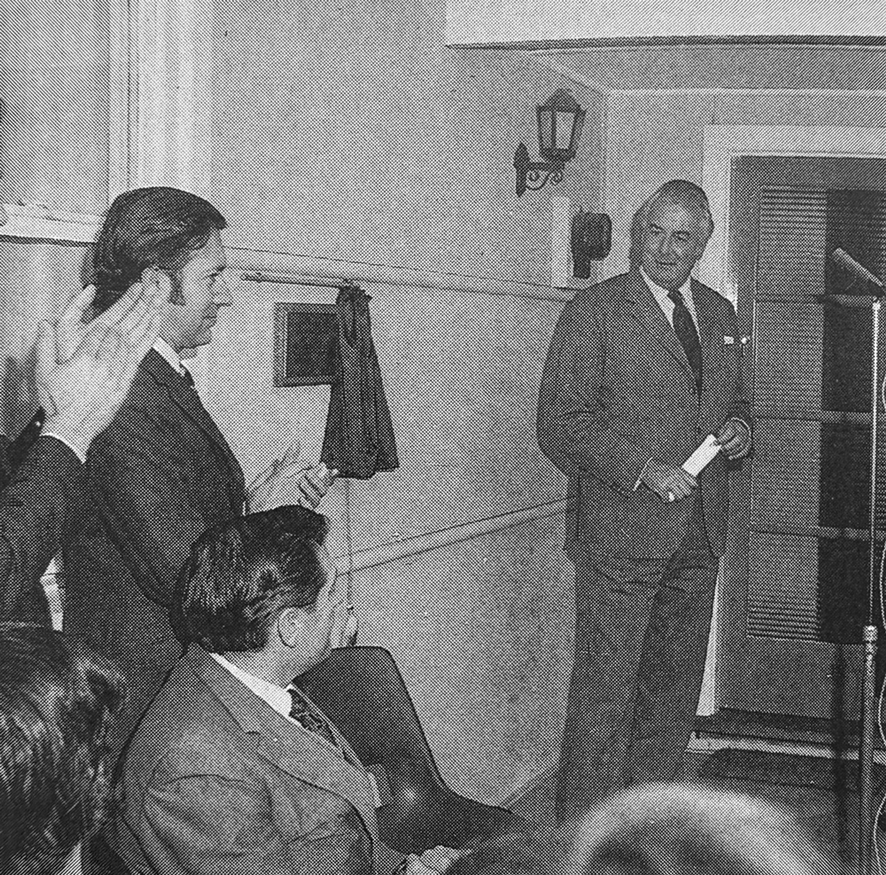 Archival black and white photo of Prime Minister Gough Whitlam opening the centre