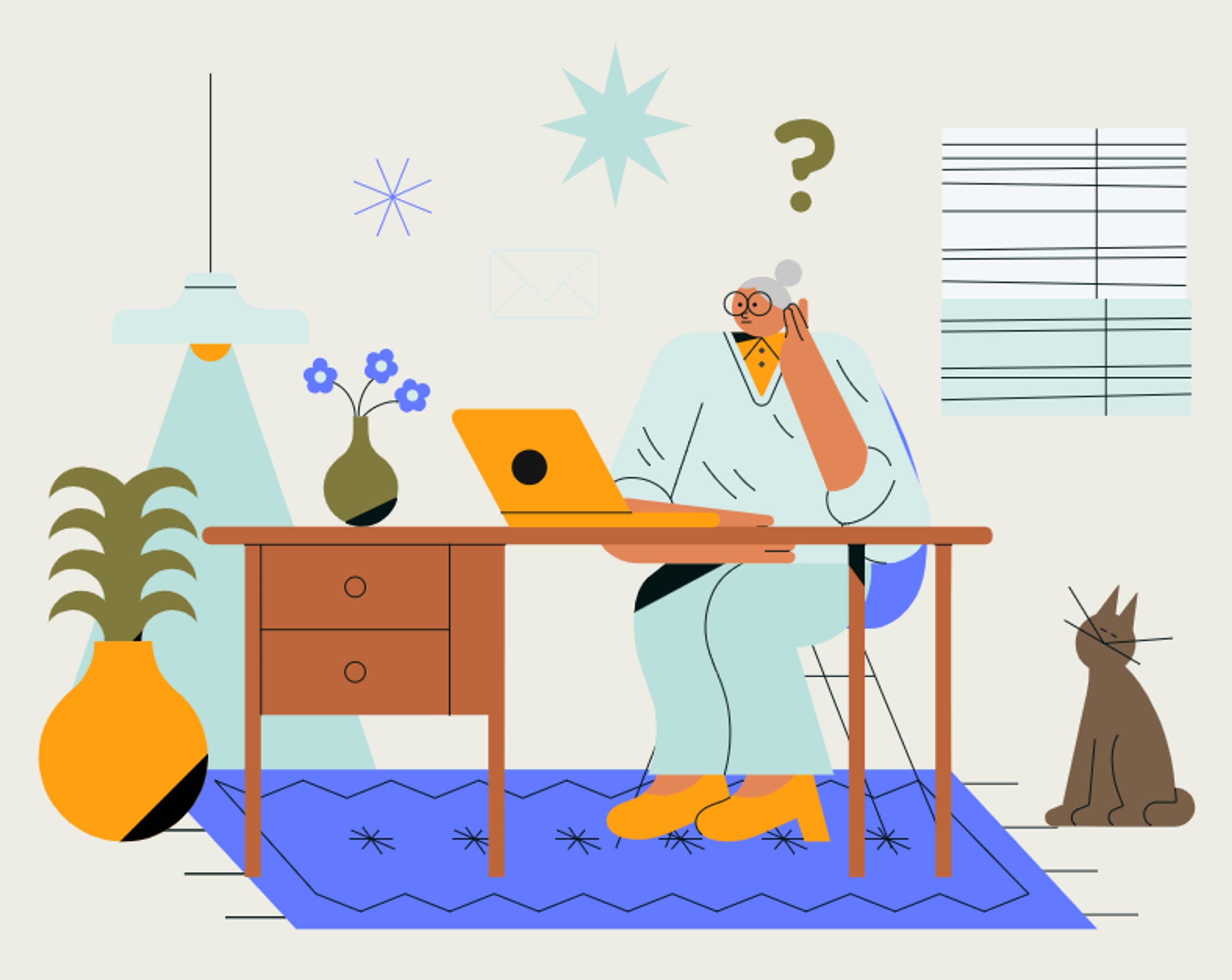 An illustration of a woman with glasses and a bun sitting at a desk with a laptop. A houseplant and a cat are al