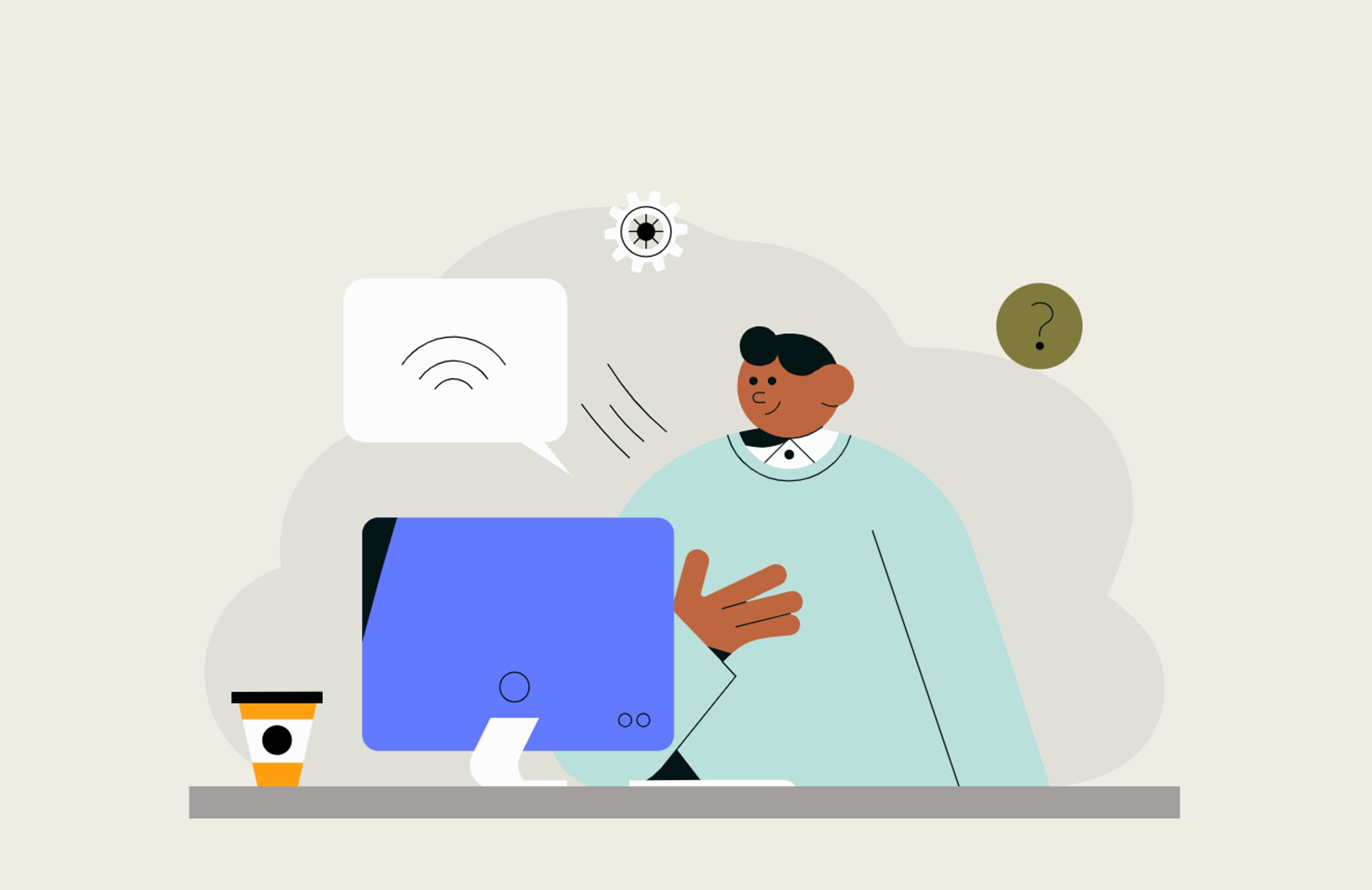 Person at desk with computer, Wi-Fi and help icons.