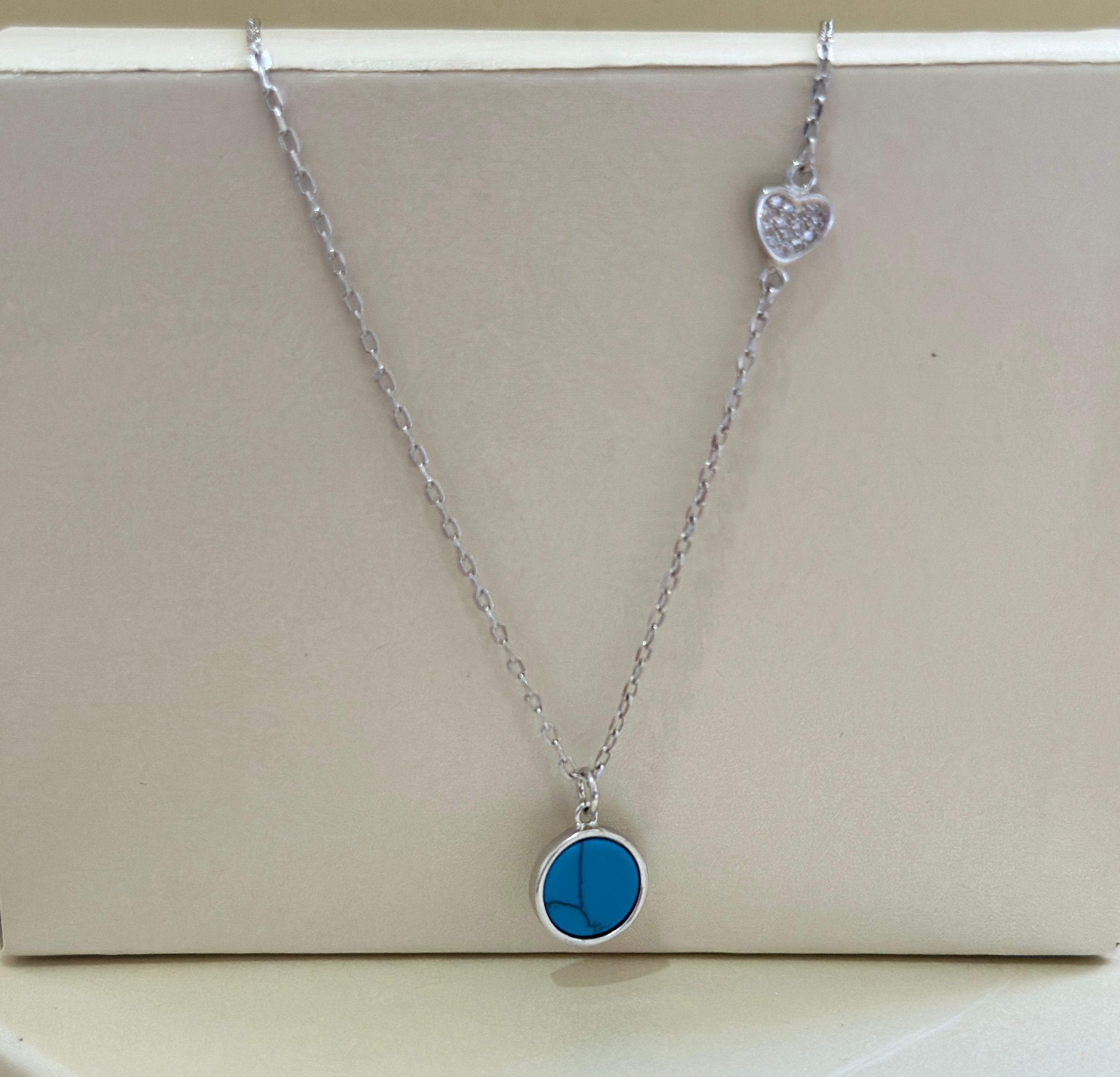 Cadena de plata 925 con dije turquesa y corazon con circones - Código K585