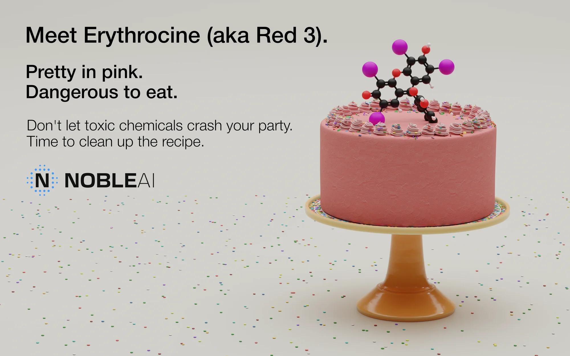 Campaign piece for Erythrocine, also known as Red 3: a pink birthday cake scattered with confetti sprinkles, the molecule modelled on top of it like a cake topper.