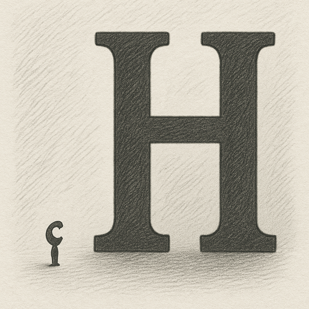 A tiny letter c looks up at a giant capital H.