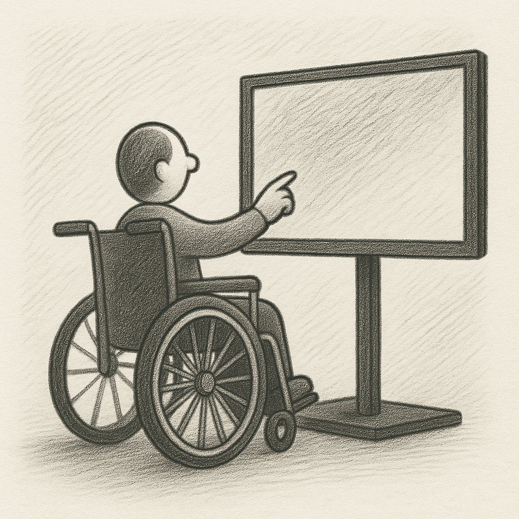 A person sits in a wheelchair in front of a large mounted touchscreen that is within easy reach for use at their level.