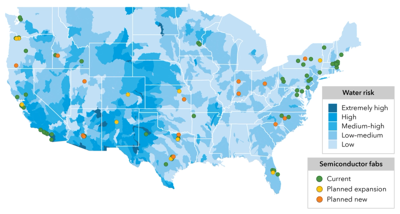 Heat map indicating locations of chip manufacturing facilities against the backdrop of levels of water risk in the US.