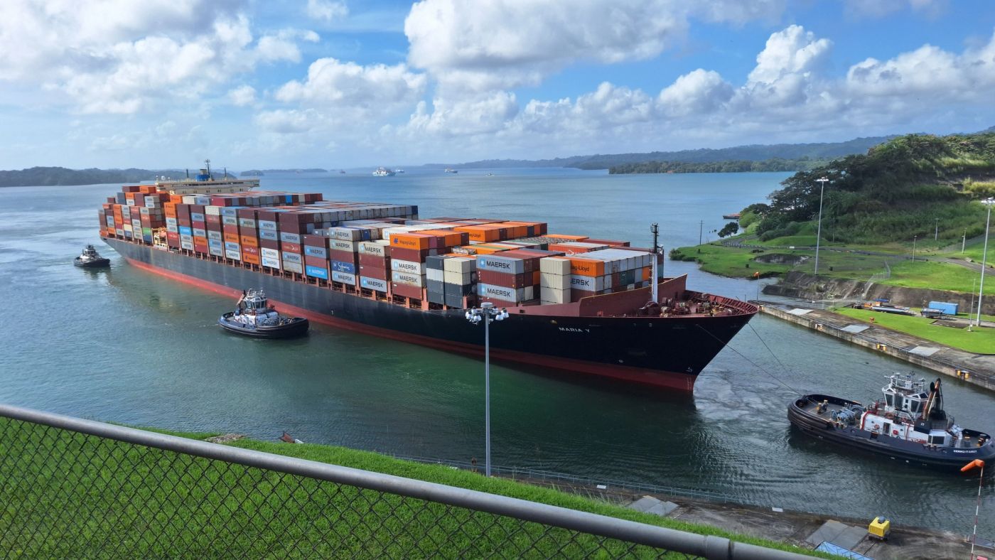 Vessel navigating through the Panama Canal lock system.