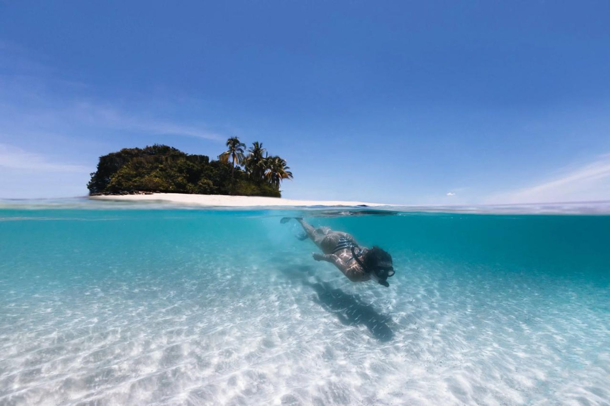 Tropical island surrounded by turquoise Caribbean waters in Guna Yala, Panama.