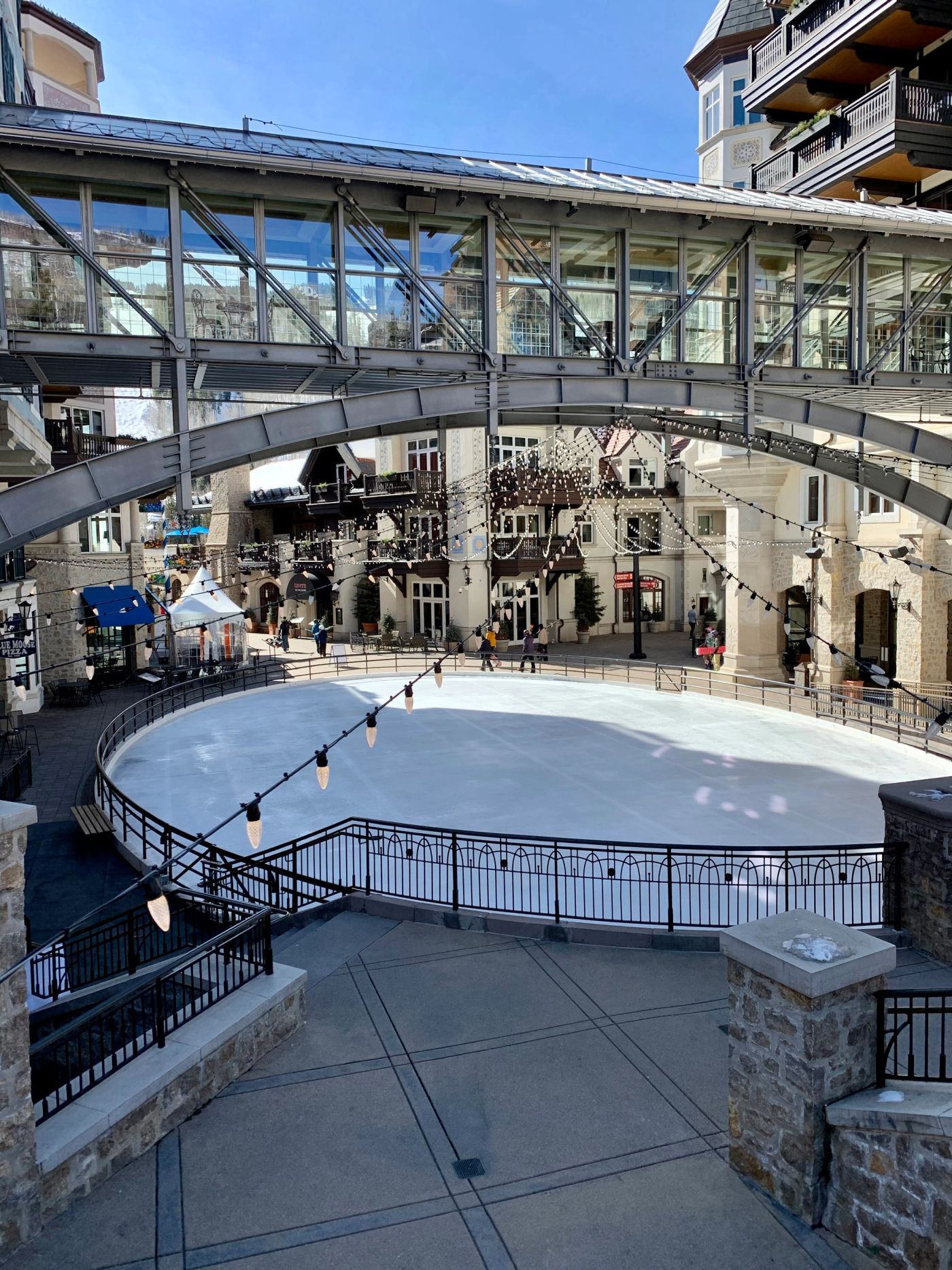 Outdoor ice rink surrounded by buildings in Lionshead Village in Vail, Colorado.