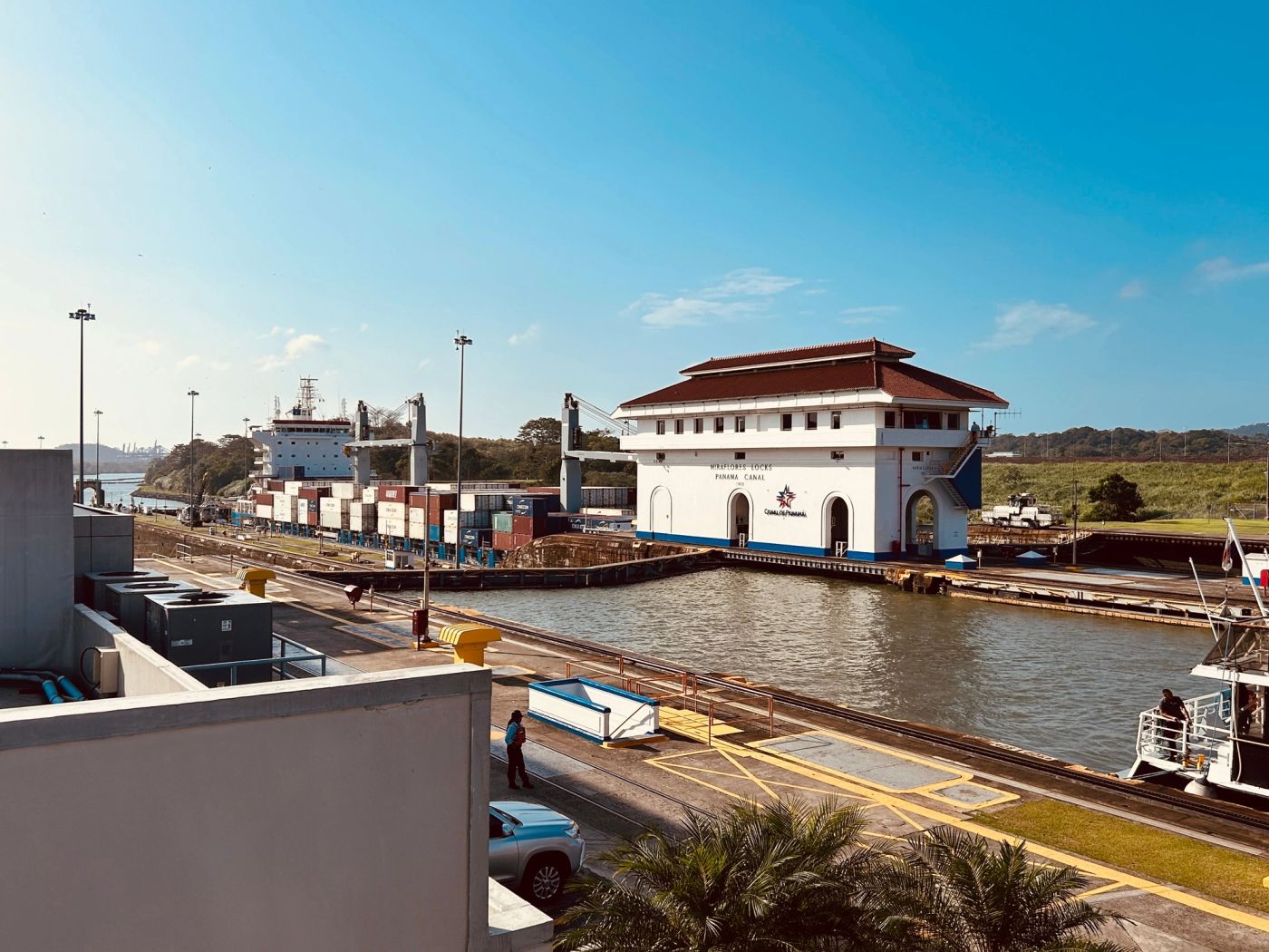 View of the Panama Canal locks and surrounding waterway in Panama.