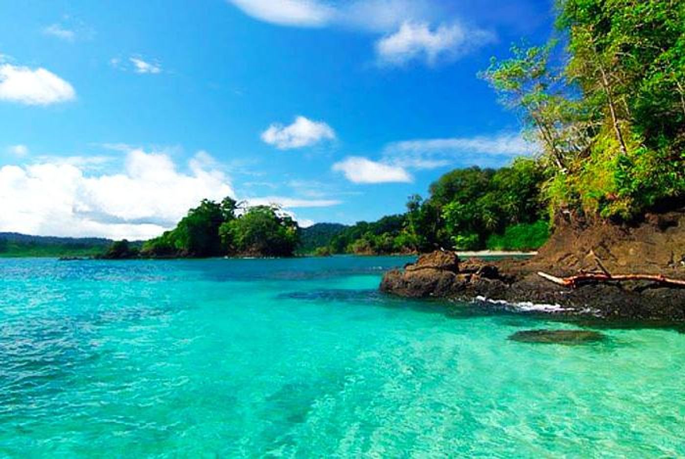 Remote island and Pacific Ocean scenery in Coiba National Park, Panama.