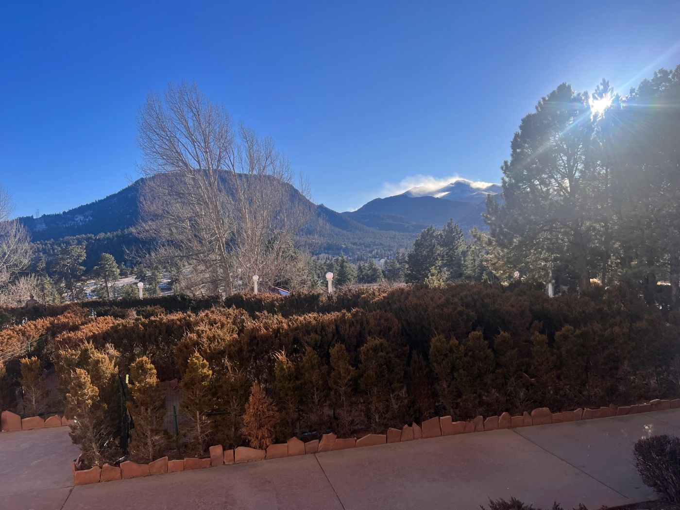 The Stanley Hotel overlooking the mountain landscape in Estes Park, Colorado.