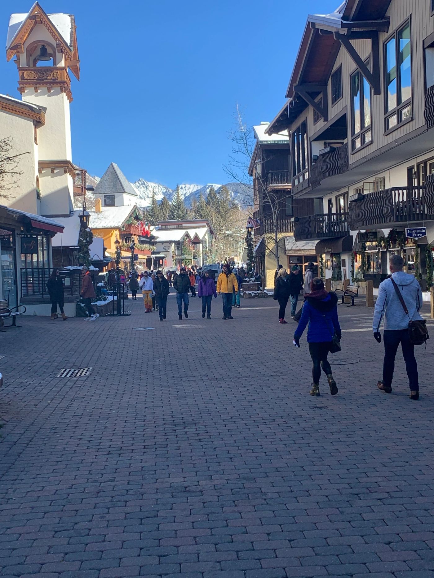 Snow-covered Vail Village with the Colorado mountains in winter.