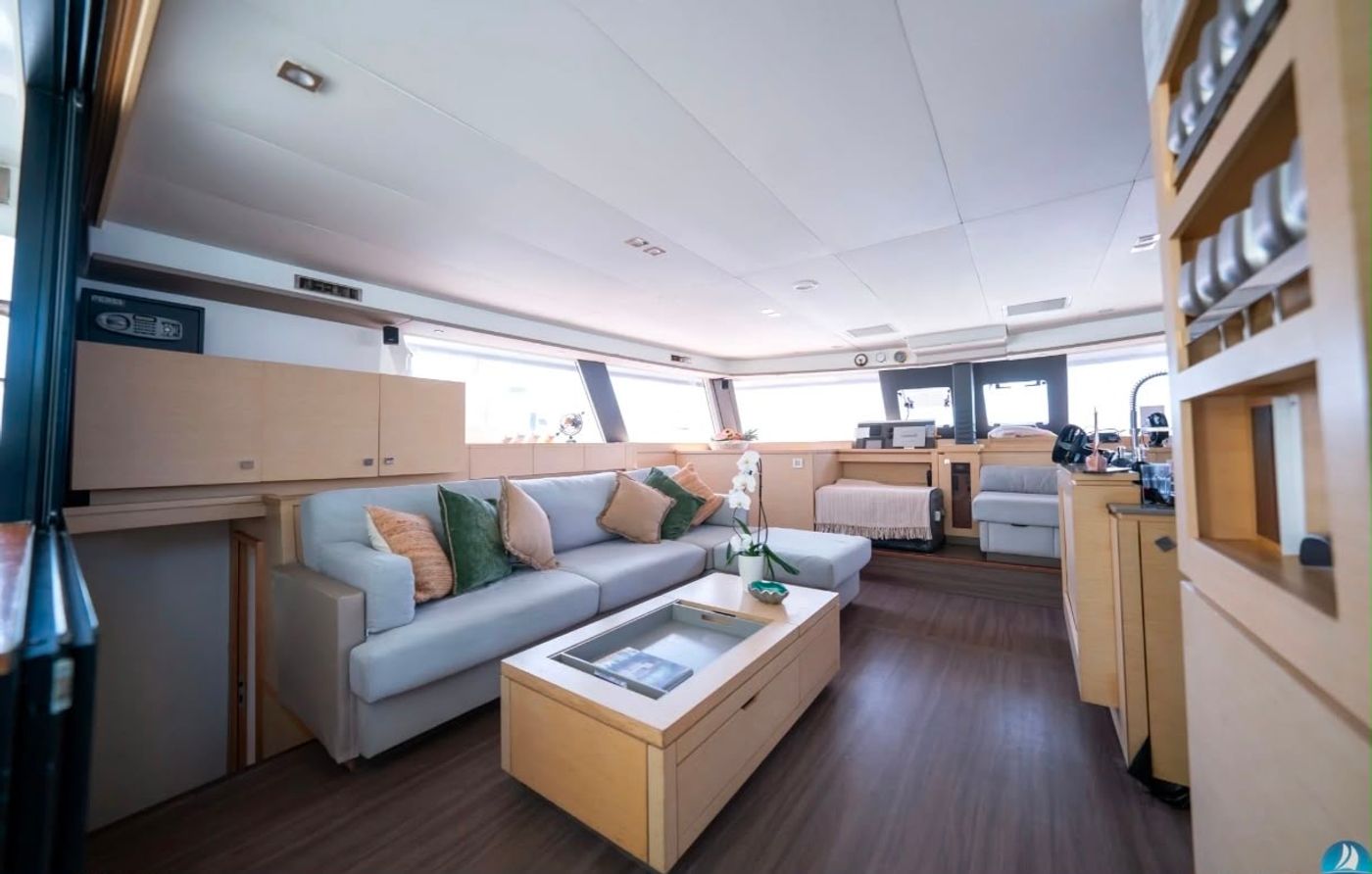 Interior living space aboard a private catamaran available for charter in Guna Yala, Panama.