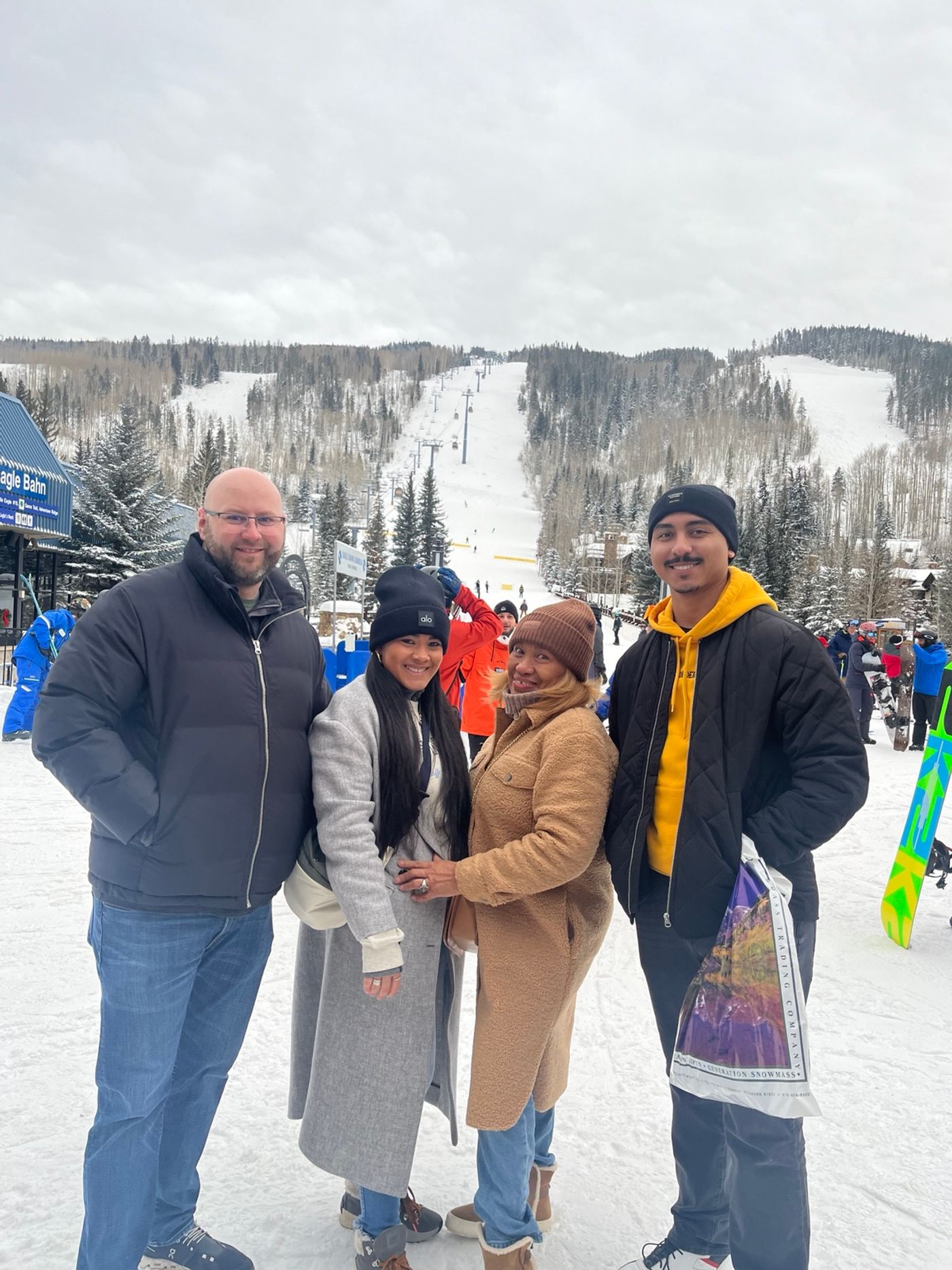 Jaury, Tyler, and family at the base of Beaver Creek ski resort in winter