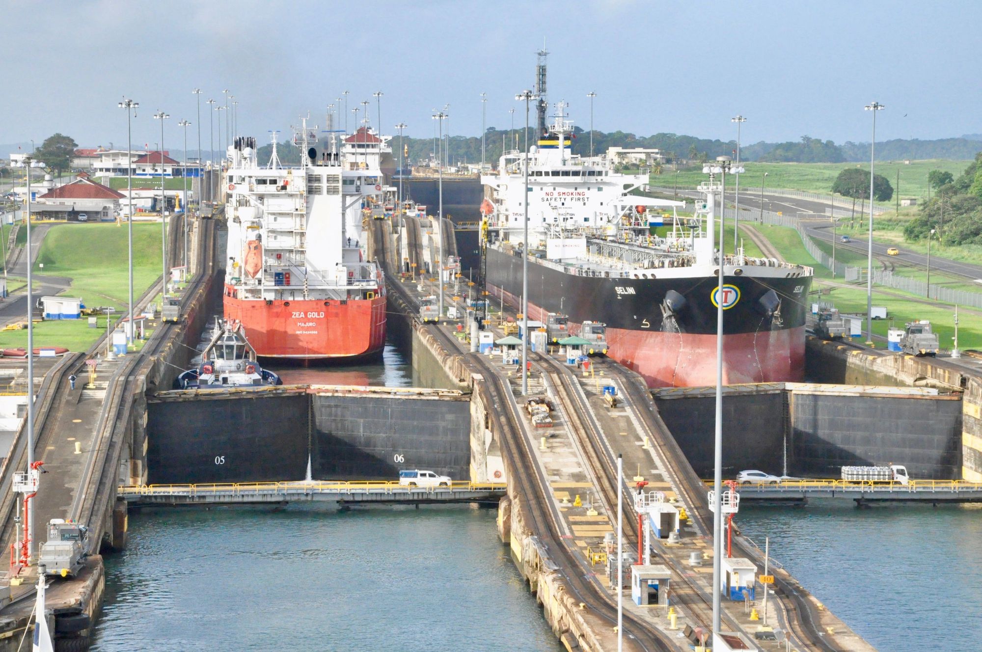 Large ship passing through the Panama Canal locks in Panama.