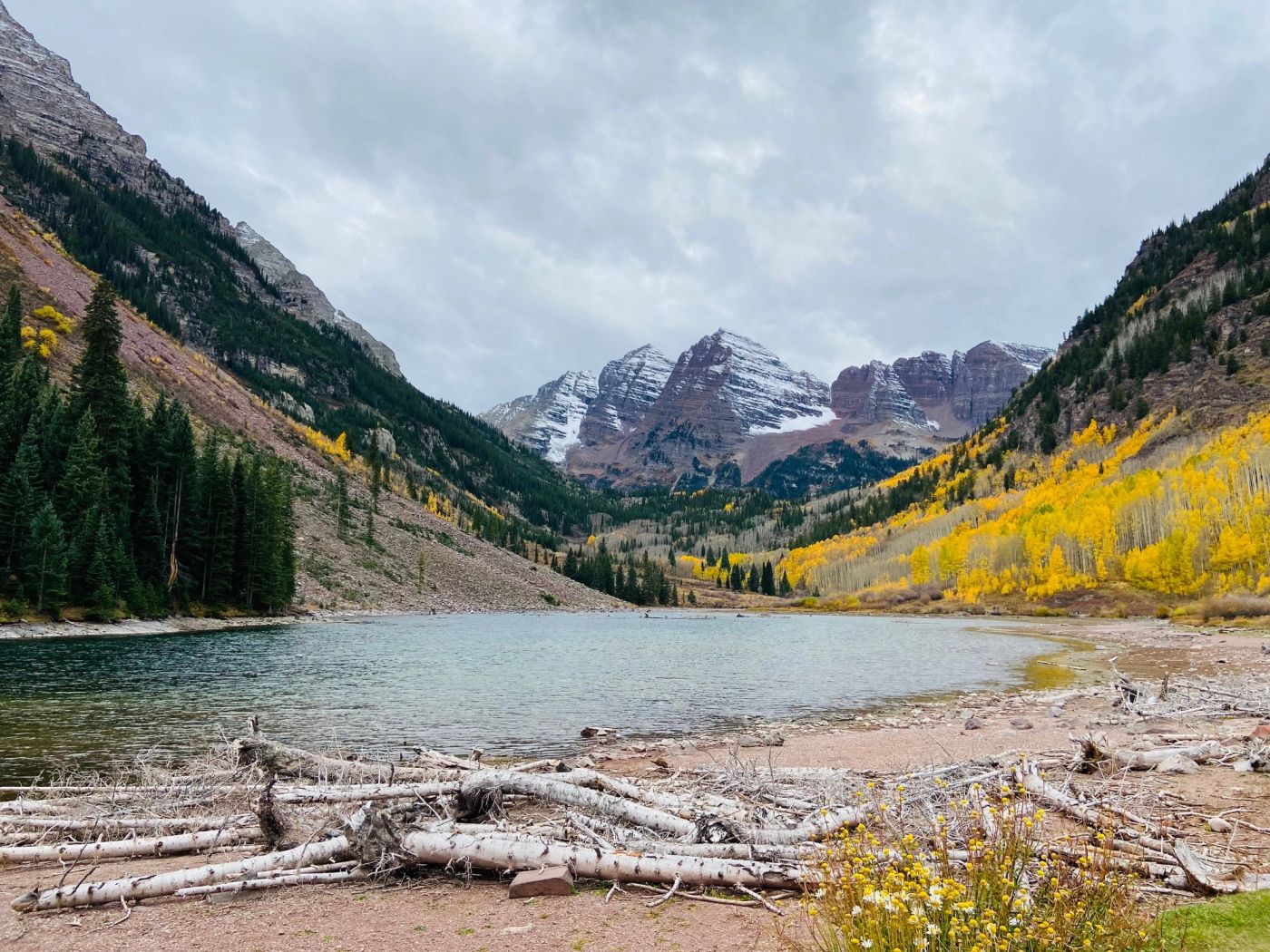 Maroon Bells reflected in Maroon Lake near Aspen, Colorado.