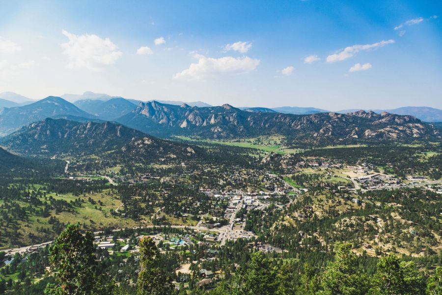 Estes Park, Colorado surrounded by the mountains of Rocky Mountain National Park.