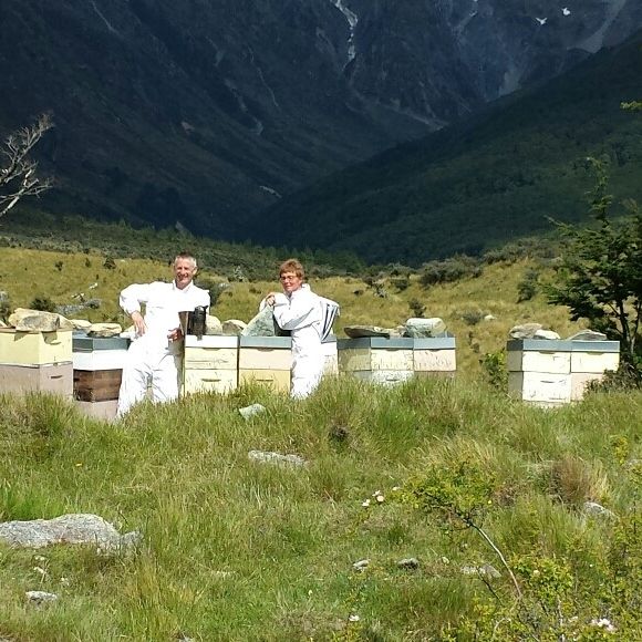 two men are standing in a field with beehives in the background .