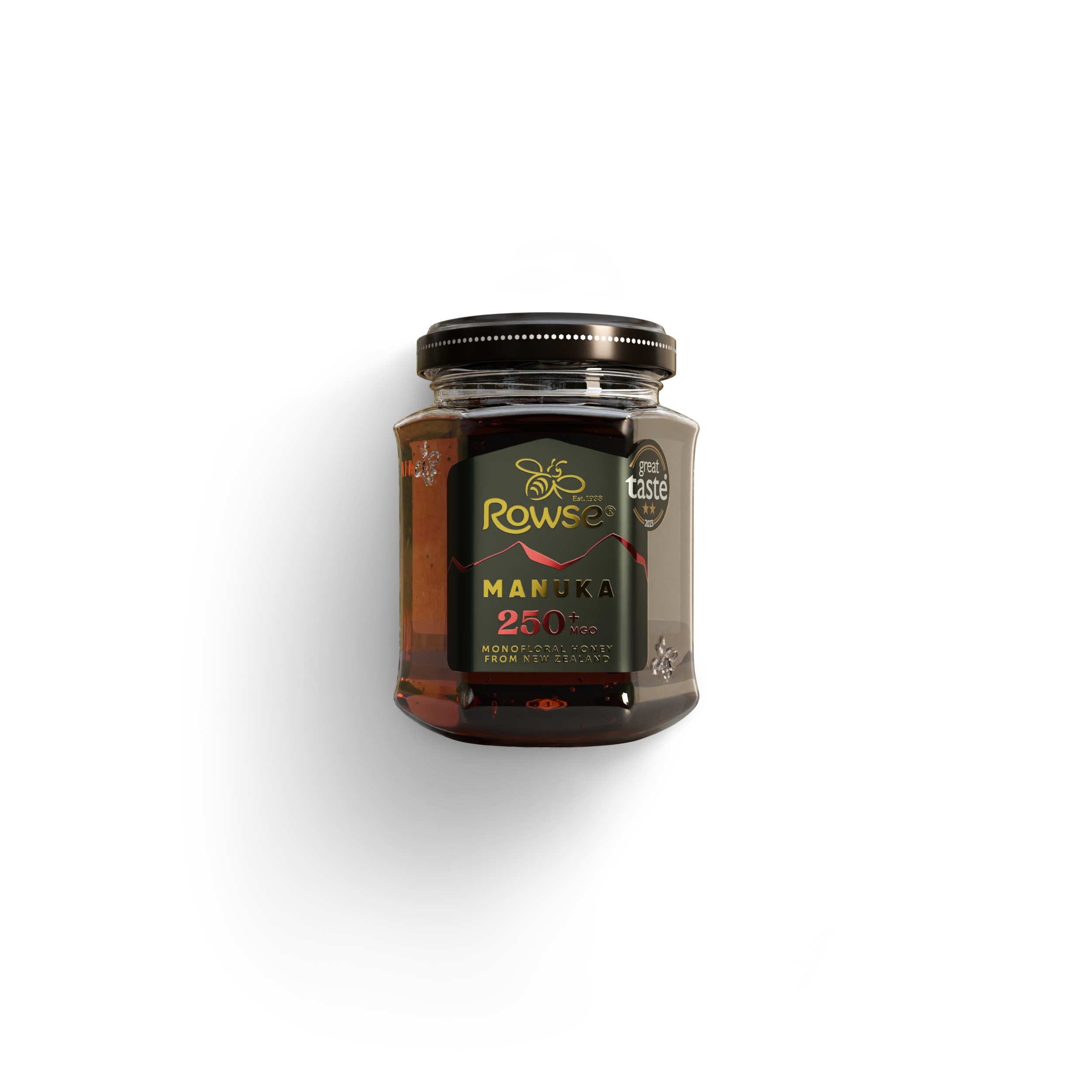A jar of Rowse Manuka Honey 250 MGO with a black lid and a dark green label.