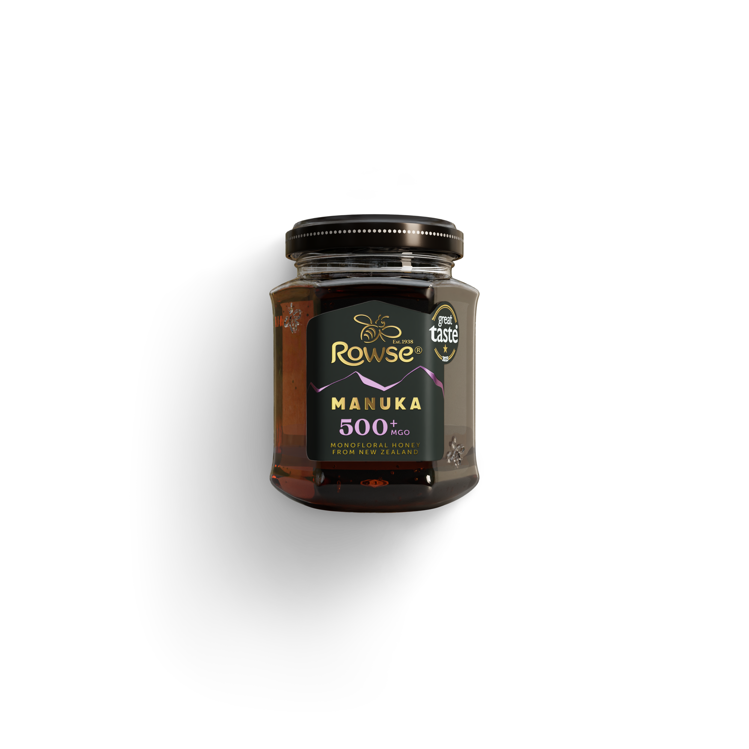 Jar of Rowse Manuka 500+ MGO honey with a black label and 'great taste' award.