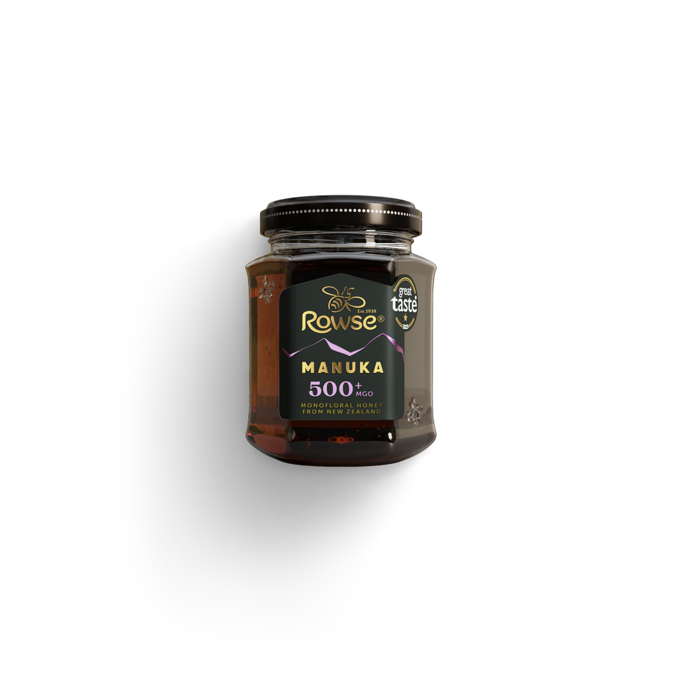 Jar of Rowse Manuka 500+ MGO honey with a black label and 'great taste' award.