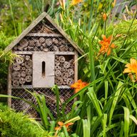 a bug house is sitting in the middle of a garden .