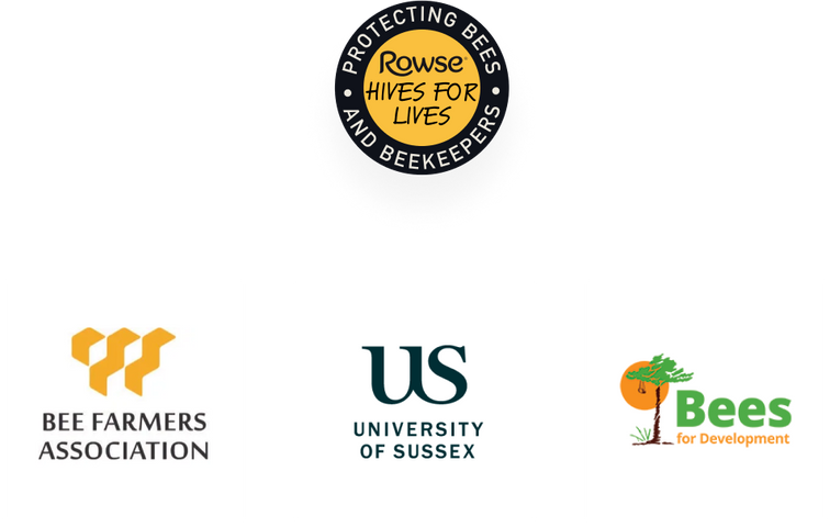 Rowse initiatives diagram. Hives for Lives logo above Bee Farmers Association, University of Sussex and Bees for Development