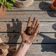 a person is holding a ball of dirt in their hand .