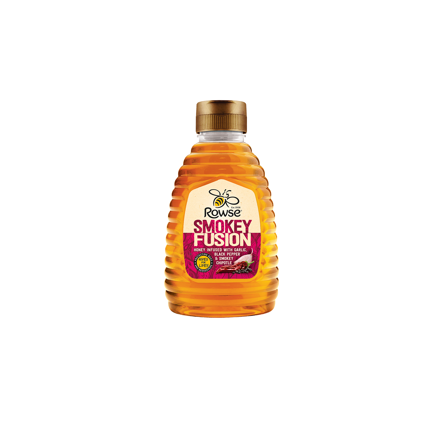 a bottle of rowse smokey fusion honey on a white background