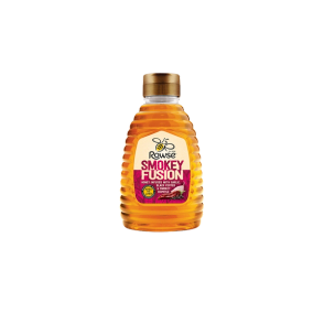 a bottle of rowse smokey fusion honey on a white background