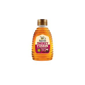 a bottle of rowse smokey fusion honey on a white background