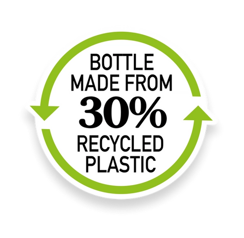 Recycle sign with text that says bottle made from 30% recycled plastic