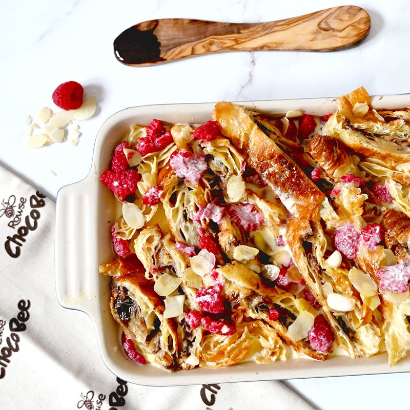 Honey, cocoa and raspberry croissant pudding