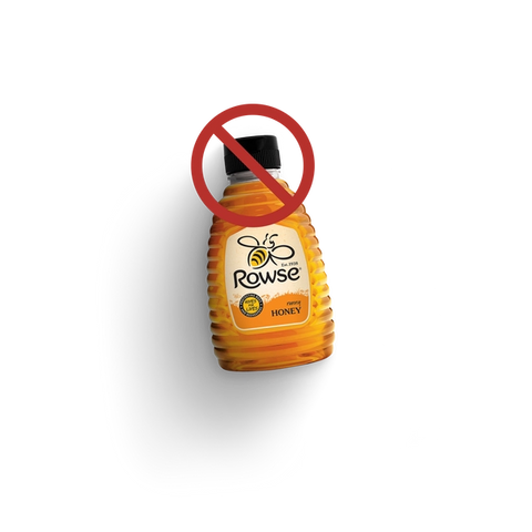 Rowse squeezy honey bottle with red circle with a line through it over the black plastic lid