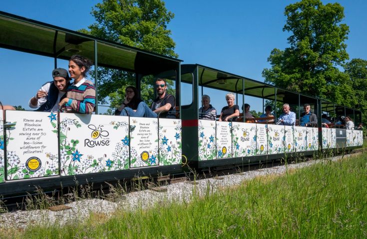 a group of people are riding on the back of a train .
