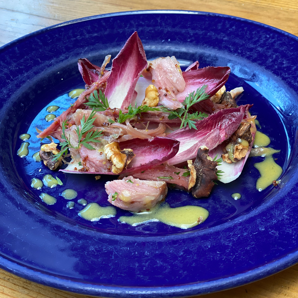 Honey-glazed ham salad with red chicory, toasted walnuts and honey vinaigrette