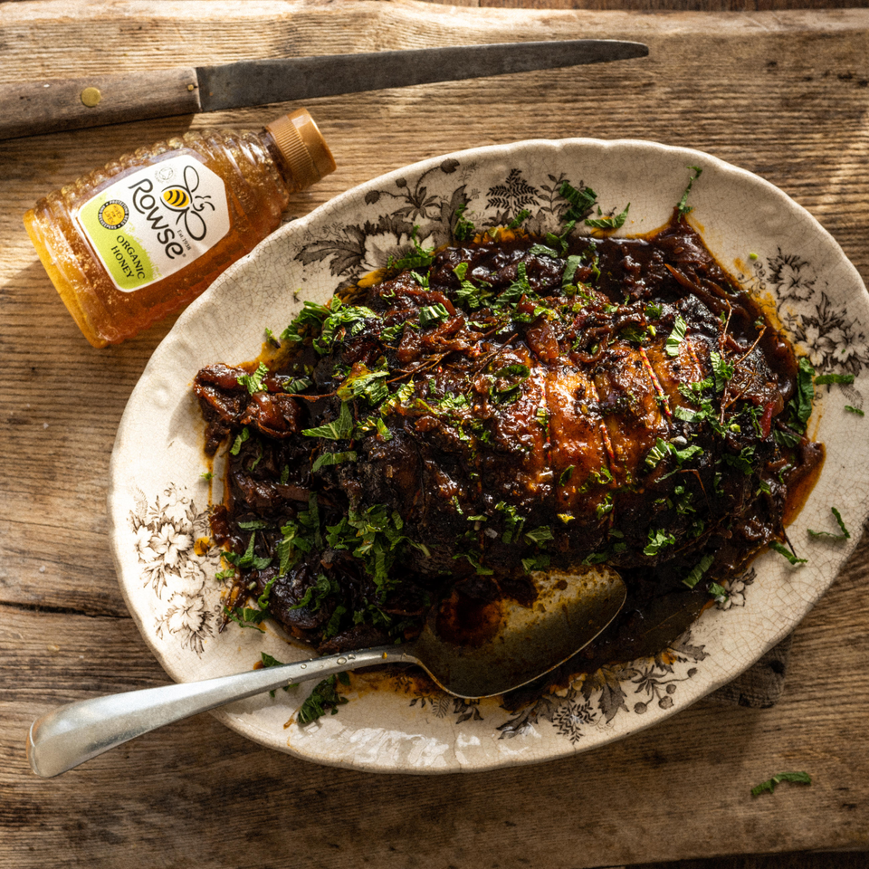 Slow-roast lamb with honey, saffron, dates & preserved lemon