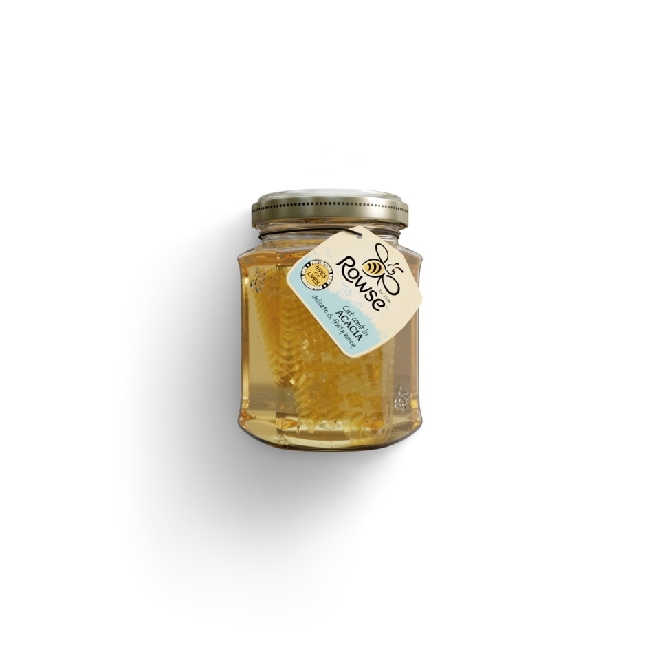 a jar of Rowse Cut Comb Acacia Honey