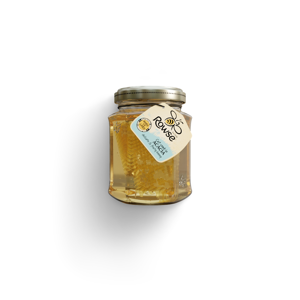a jar of Rowse Cut Comb Acacia Honey