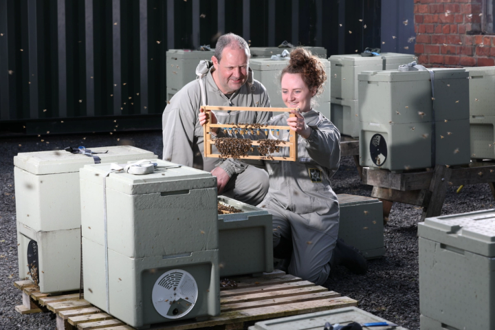 a man and a woman are looking at a beehive