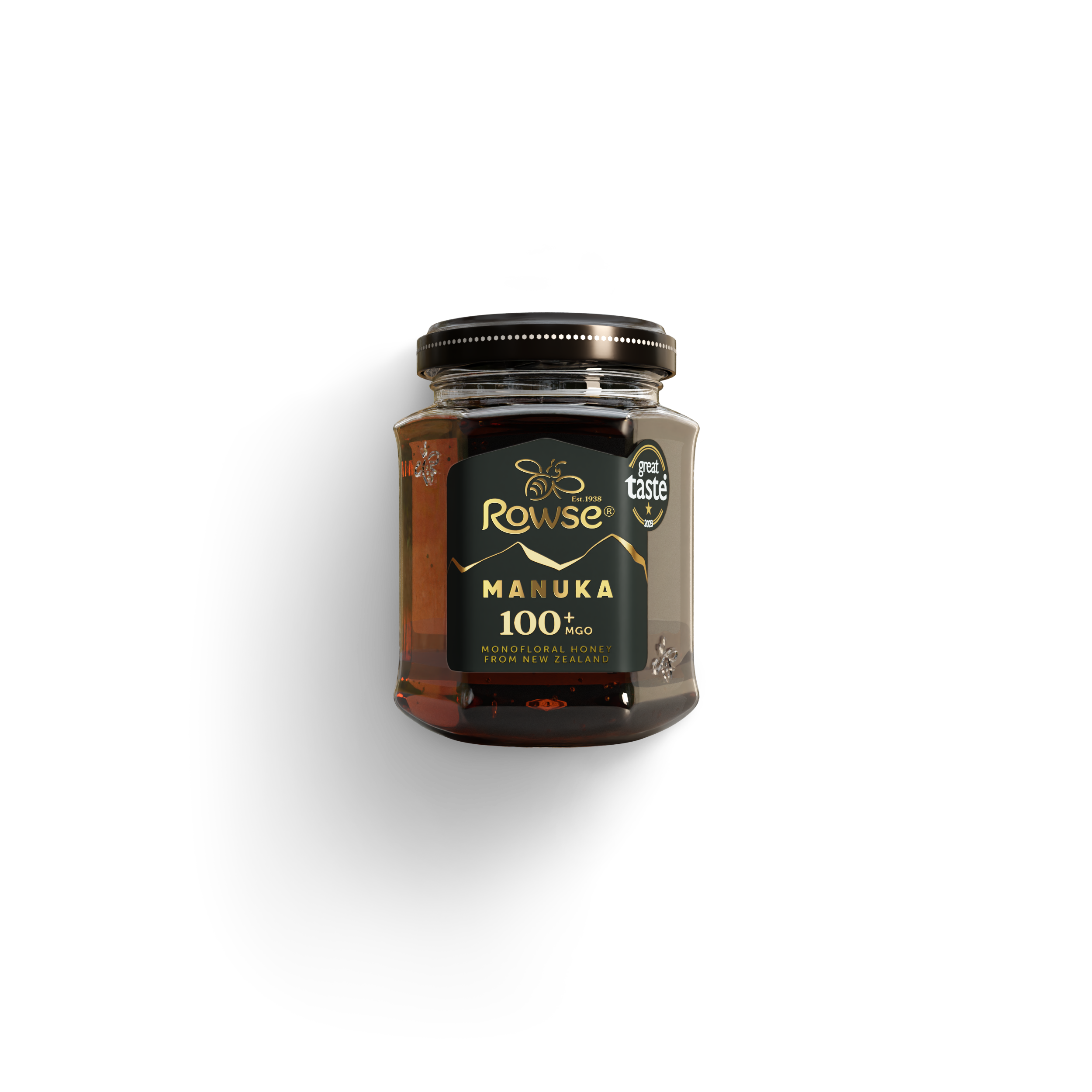 Rowse Manuka Honey 100+ MGO jar with a "great taste" seal.