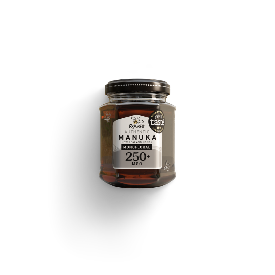 a jar of 250+MGO Monofloral Manuka Honey