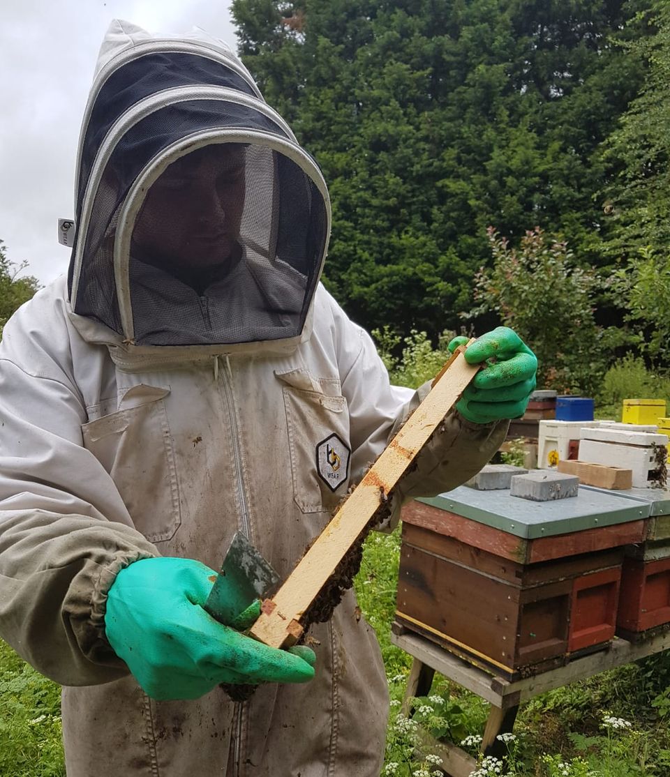 a man in a bee suit is holding a piece of wood in front of a beehive .