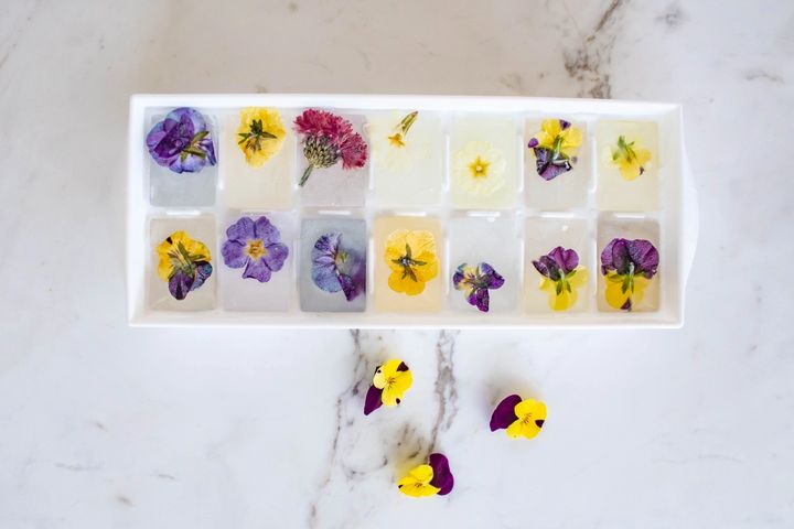 a white ice cube tray filled with flowers on a table .