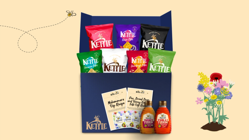a box filled with kettle chips and condiments