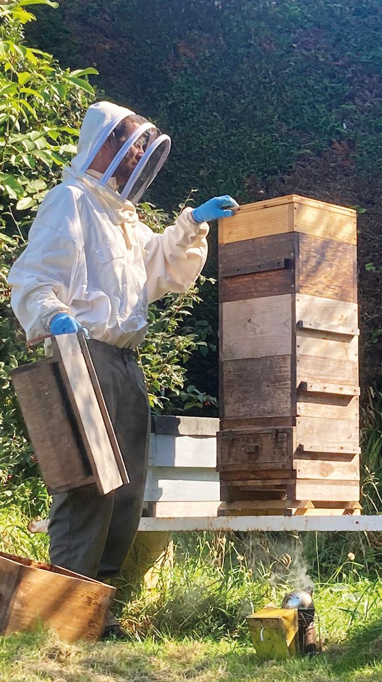 a man wearing a beekeeper 's suit is working on a beehive