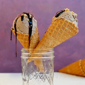 Honey and cocoa ice cream with macadamia brittle