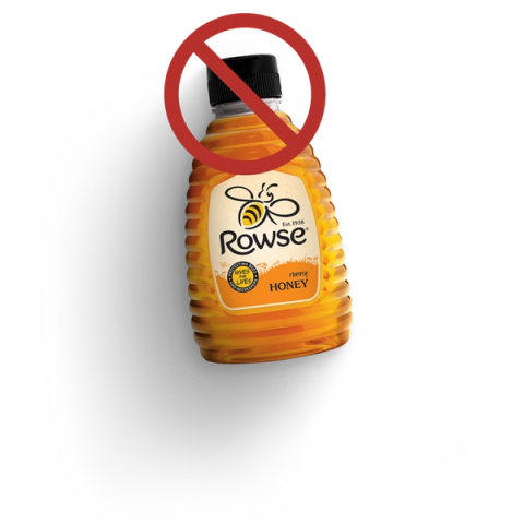 Rowse honey bottle with strikethrough on the black plastic lid