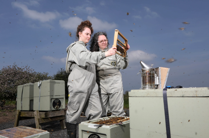 two women in bee suits looking at a beehive