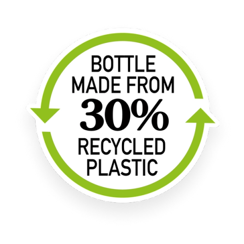 Recycled logo with text that says bottle made from 30% recycled plastic