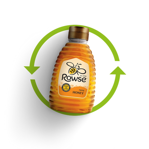 Green recycle logo with Rowse squeezy honey bottle on top